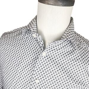Eton Shirt Mens Slim 15.5 39 White Blue Geometric Print Button Up Long Sleeve
